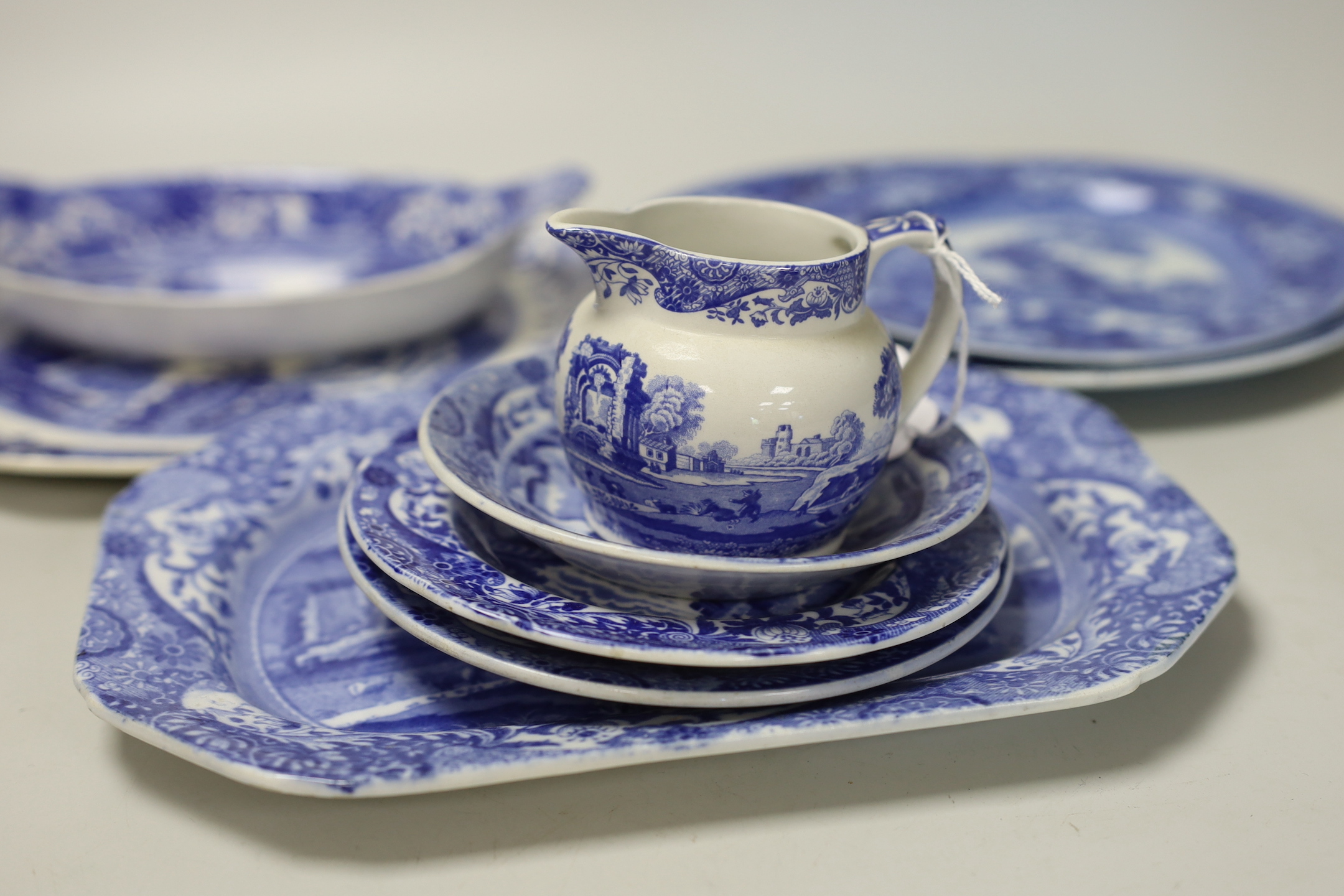 A small collection of Spode 'Italian' blue stamp (one black stamp) and two plates of Wedgwood 'Fallow Deer'
